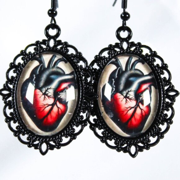 Gothic Anatomical Heart Cameo Earrings Victorian Romantic Jewelry - Picture 3 of 5